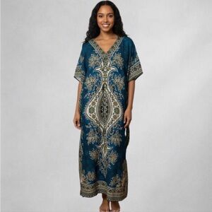 Phases Boho Caftan Maxi Dress One Size Blue Black Floral Ethnic Drawstring